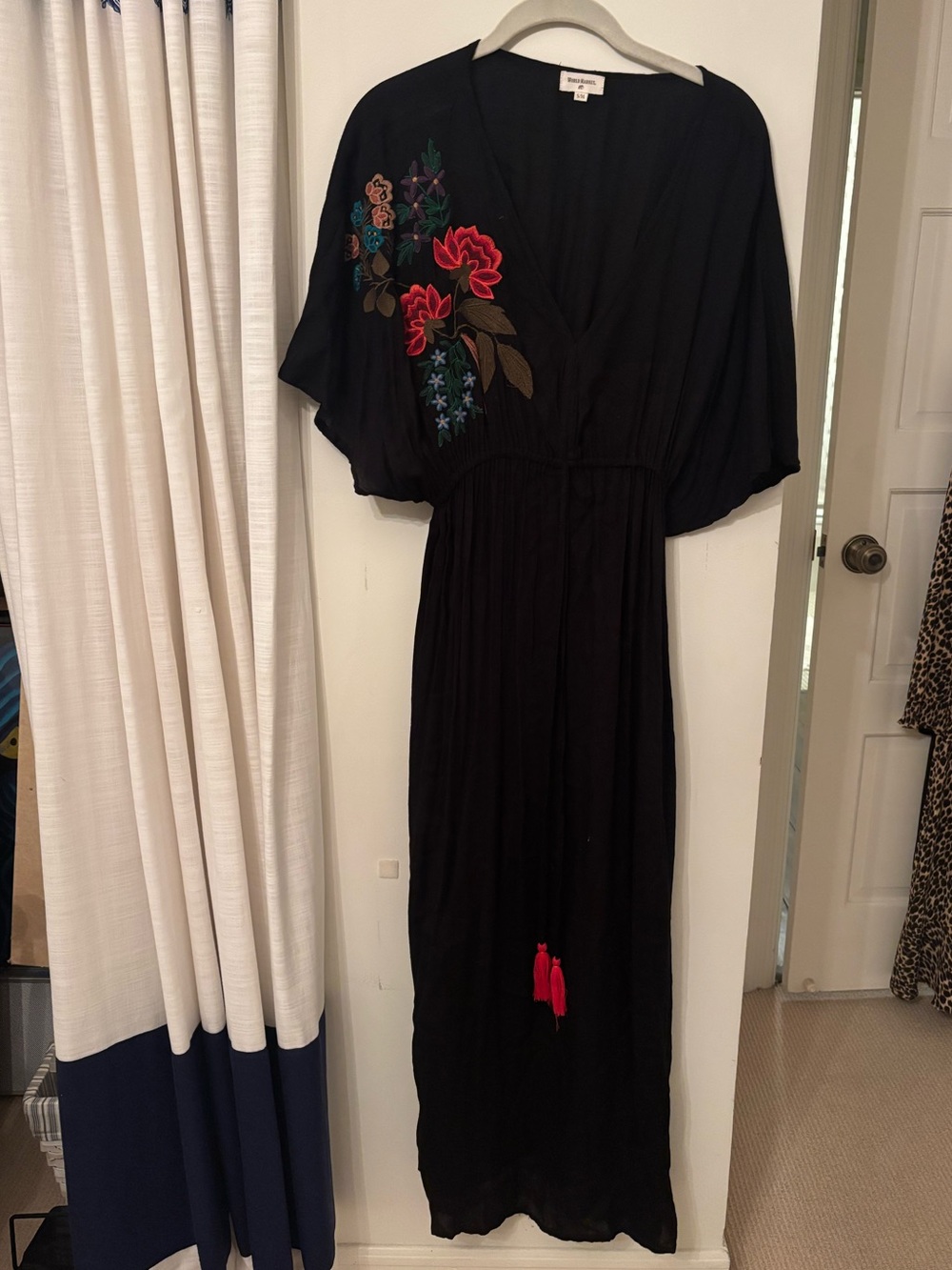 Cost Plus World Market Black Maxi Dress with Red and Green Floral Embroidery
